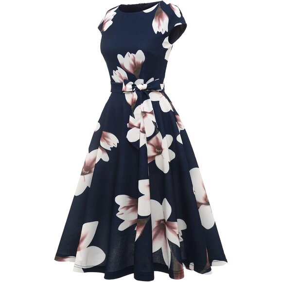 Dresstells Women's Navy Blue Flower Modest Vintage Cocktail Formal Party Dresses - Picture 4 of 4